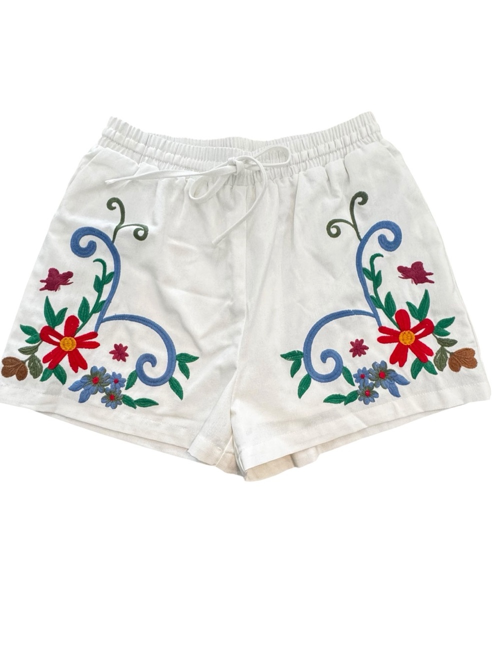 NWOT Blue Blush Size S white linen blend shorts colorful embroidery